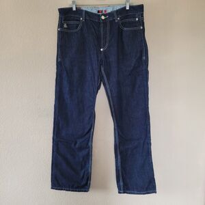 COOGI Jeans Straight Mens 36x34 Embroidered Pockets Denim Dark Blue Loose Baggy